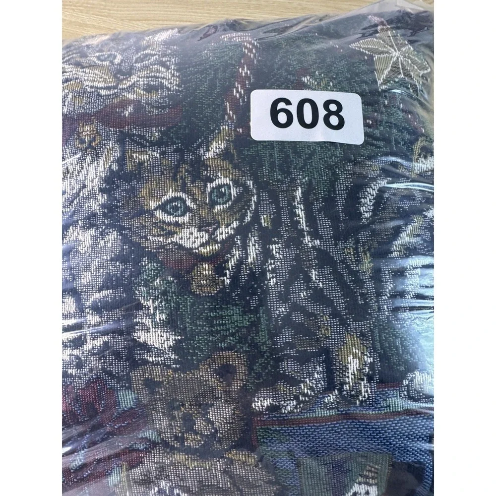 Christmas Cat Tapestry Throw Pillows Pair Woven Holiday Tree Teddy Bear Decor